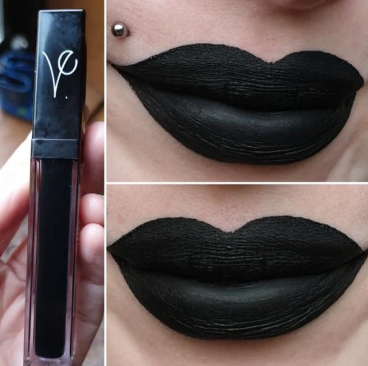 lips wearing surfer blackest black matte lipstick